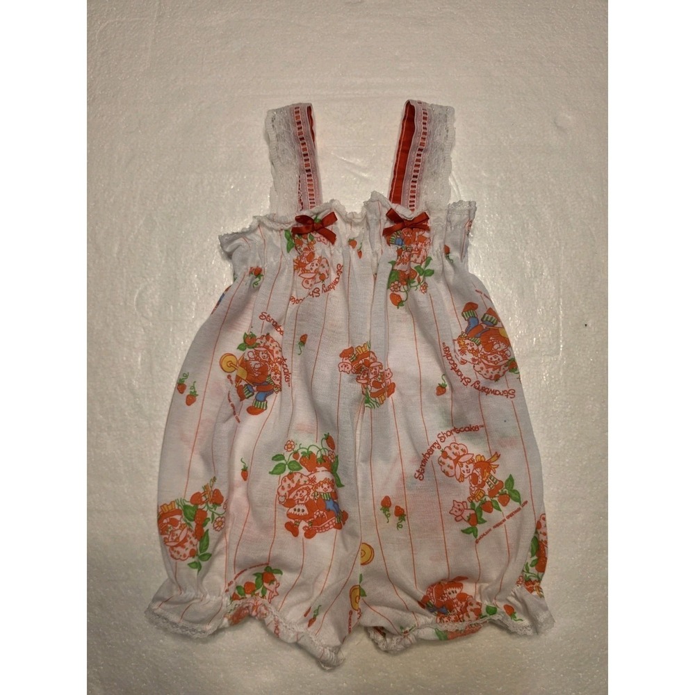 Vtg 1980s Strawberry Shortcake Pajama Romper 2T JC Penney Pinstripe Lace Bubble